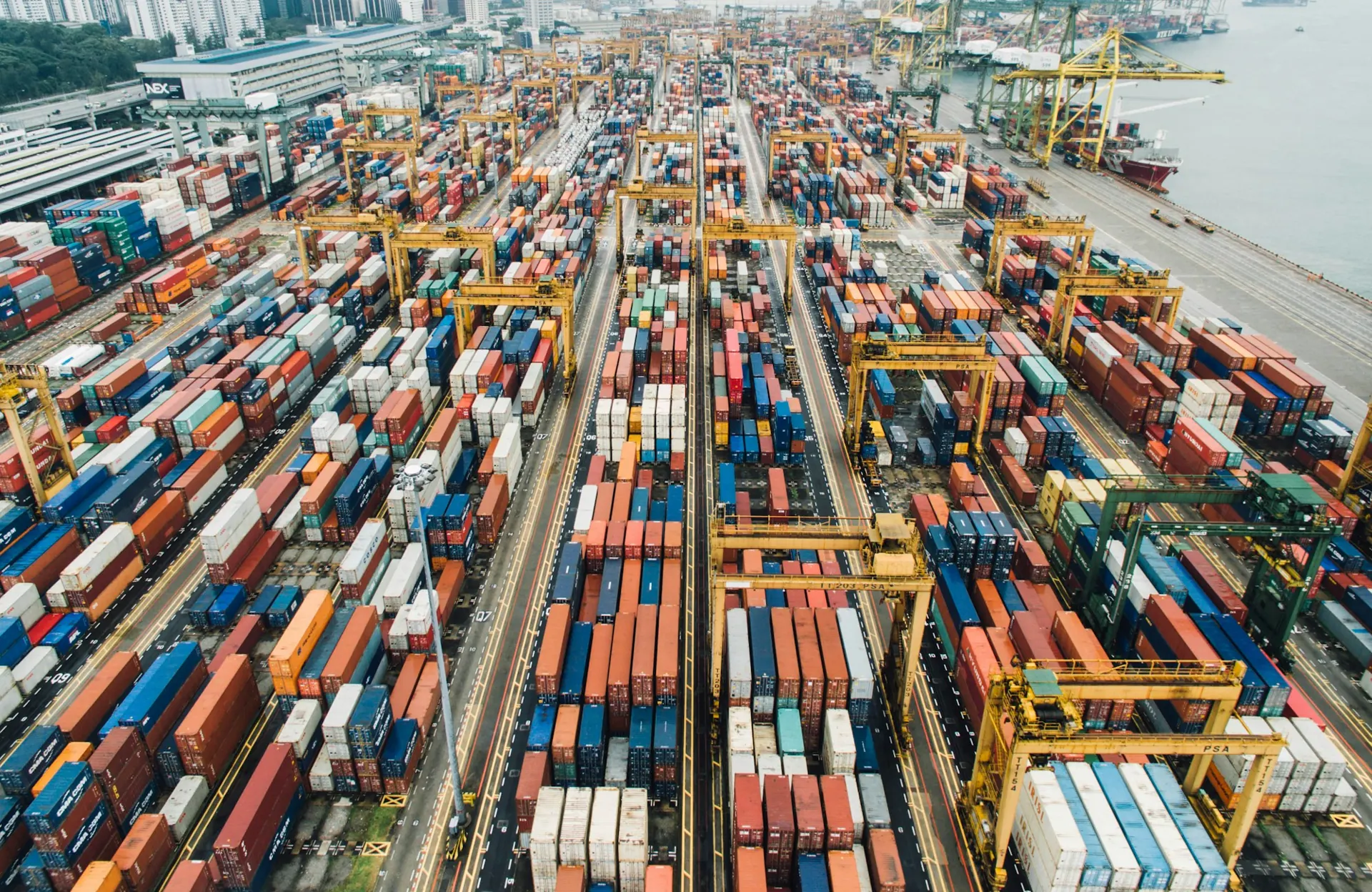 An aerial view of a container terminal connecting global trade